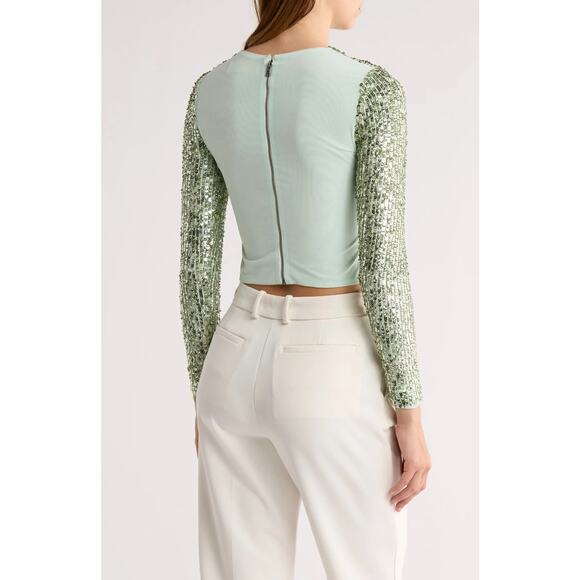 ALICE + OLIVIA Delaina Long Sleeve Sea Green Sequin Crop Top - Picture 9 of 14